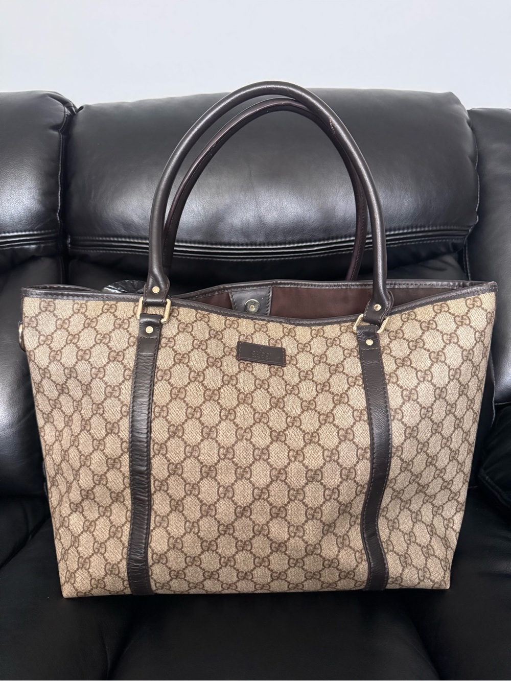 Preloved Gucci Brown GG Canvas Large Tote with Dark Brown Leather Trim